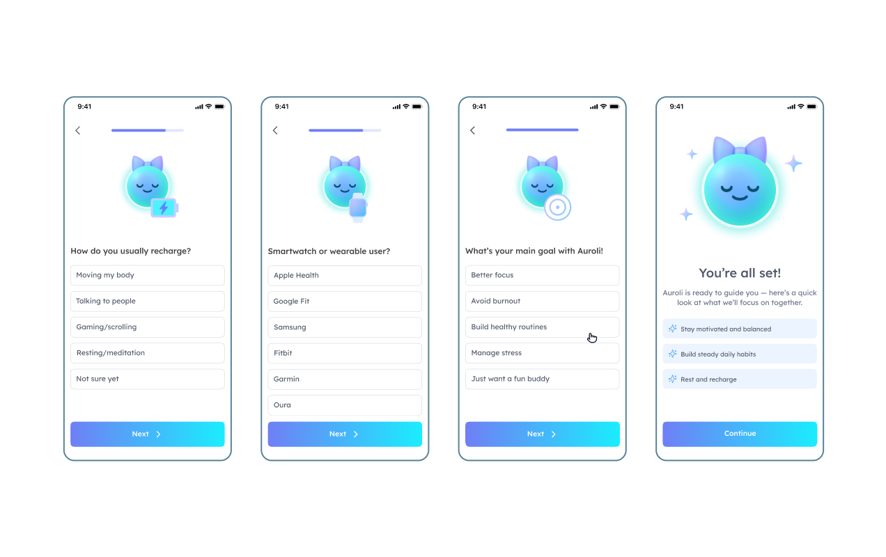 Auroli onboarding wizard screens (part 2)