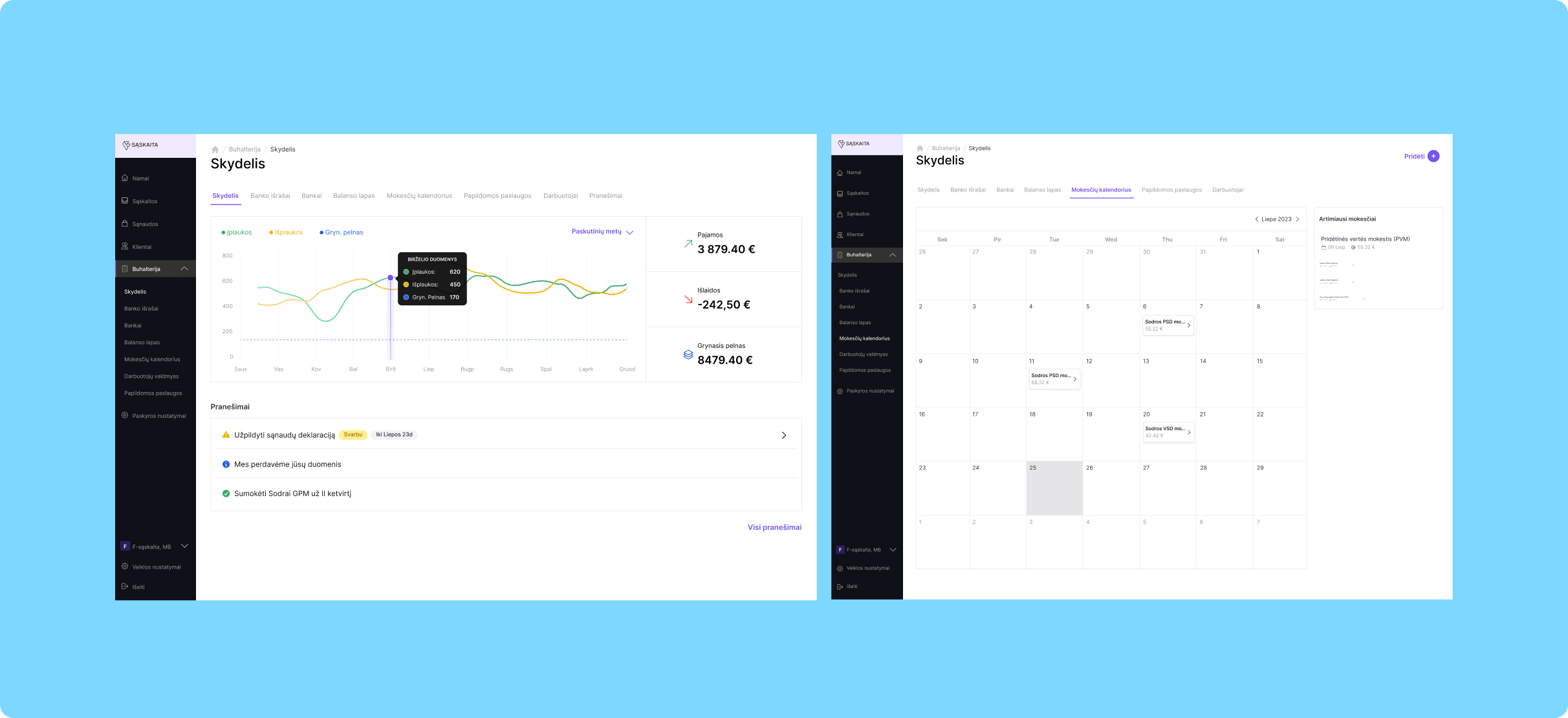 F-saskaita dashboard and tax calendar